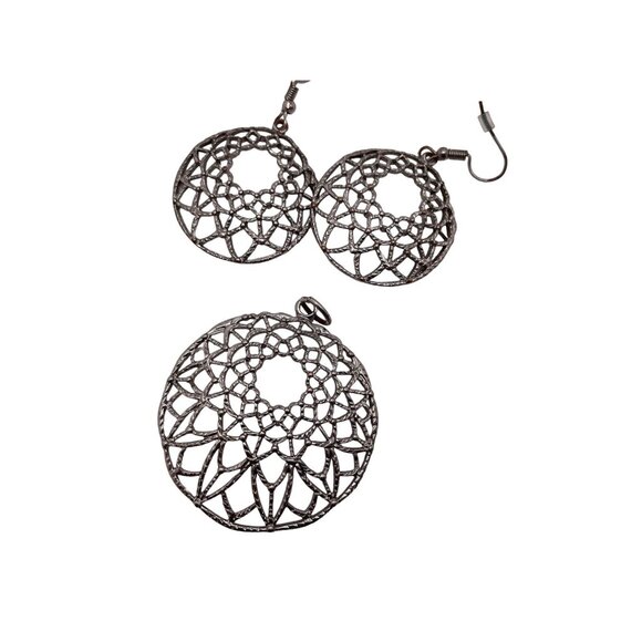 Necklace Pendant & Earrings Women Set Filigree Circle Silver Tone - Picture 12 of 16